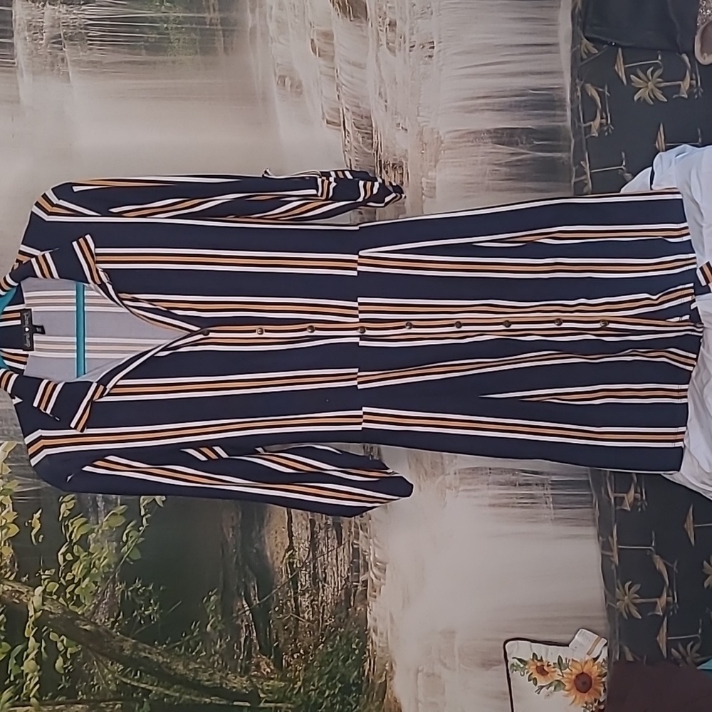 Derek Heart Womens 2X navy gold striped long sleeve button up dress with belt